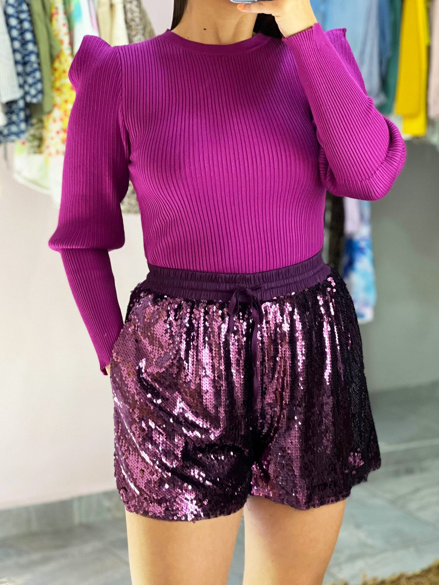 Purple Sequin Shorts